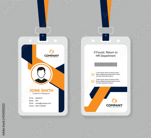 Clean and Minimal Navy Blue and Orange ID Card Template for Office Employees with Photo and QR Code
