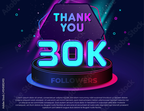 Thank you! 30K followers celebration banner with neon glow 3D text effect, colorful lights, modern podium stage, and editable vector design for social media milestones.