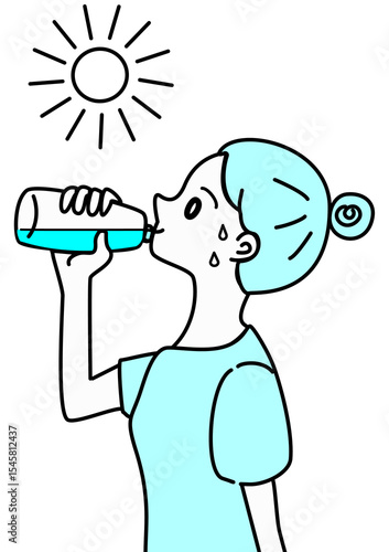 水を飲む　女性　イラスト　ペットボトル
