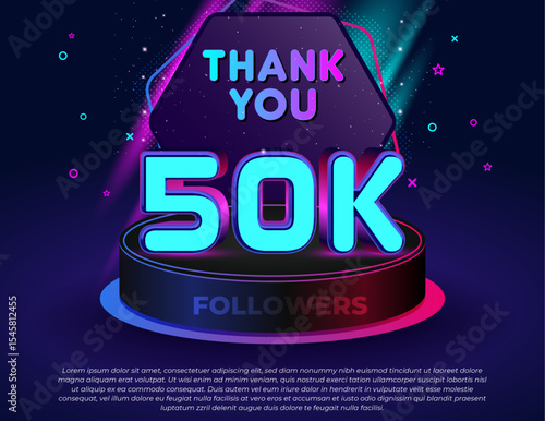 Thank you! 50K followers celebration banner with neon glow 3D text effect, colorful lights, modern podium stage, and editable vector design for social media milestones.