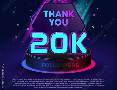 Thank you! 20K followers celebration banner with neon glow 3D text effect, colorful lights, modern podium stage, and editable vector design for social media milestones.