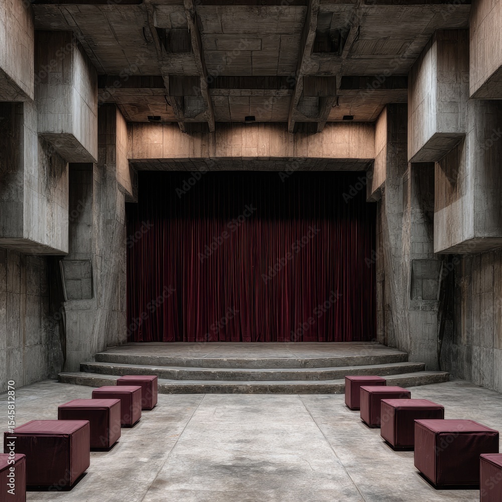 Fototapeta premium Minimalist concrete auditorium with a maroon curtain, tiered stage, and square seating