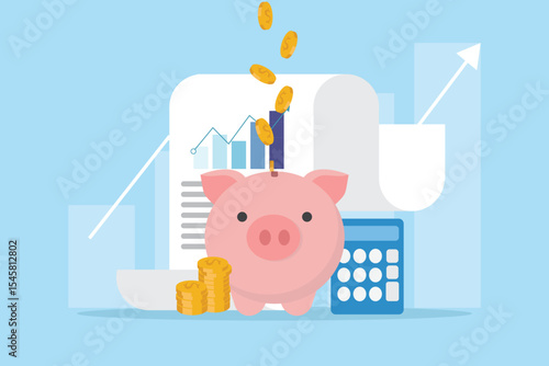 Piggy bank and gold coin with data analysis concept of saving money, financial retirement planning, growth business, high return investment, profits increase, money management flat vector illustration