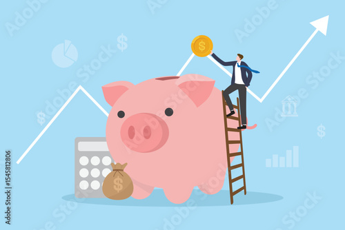 Businessman put gold coin in piggy bank. Concept of saving money, financial retirement planning, growth business, high return investment, profits increase, money management flat vector illustration.