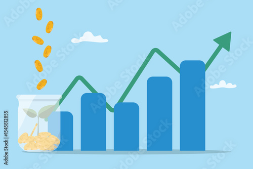 Gold coin in money jar with graph. Concept of saving money, financial retirement planning, growth business, high return investment, profits increase, money management flat vector illustration.