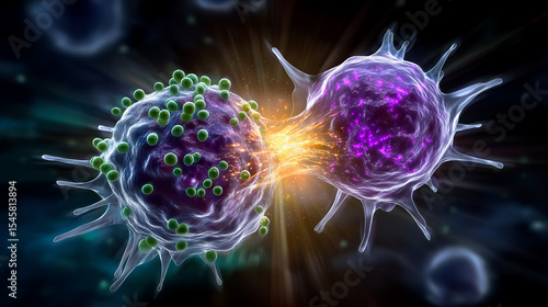 T cell attacking cancer cell with cytotoxic granules in action