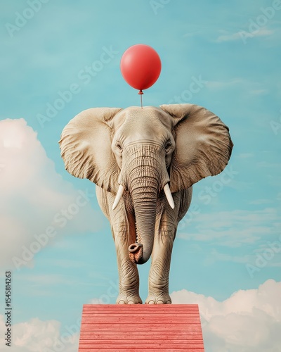 An elephant balances on a red platform with a red balloon tied to its head, set against a clear blue sky with fluffy clouds.