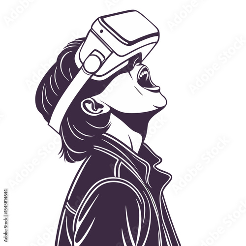 Isolated Silhouette of a person wearing a VR headset with an open mouth, symbolising virtual reality and immersion