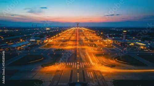 Aerial view of an airport runway illuminated at twilight, showing blurred lights and surrounding buildings.