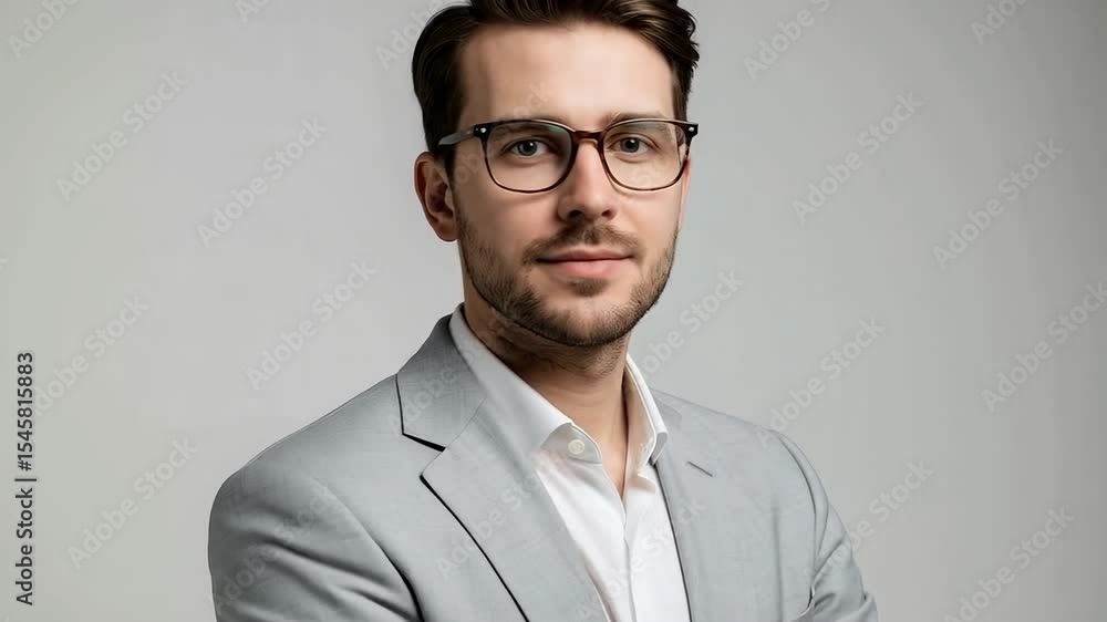 Portrait of a confident businessman in a gray suit and glasses standing with his arms crossed Portrait of a confident businessman in a gray suit and glasses standing with his arms crossed