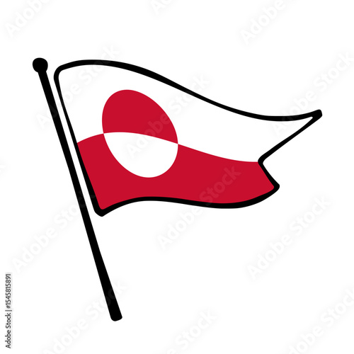 Flag of Greenland. Greenland flag vector illustration icon design in the hand-drawn style. Fluttering flagpole flag.