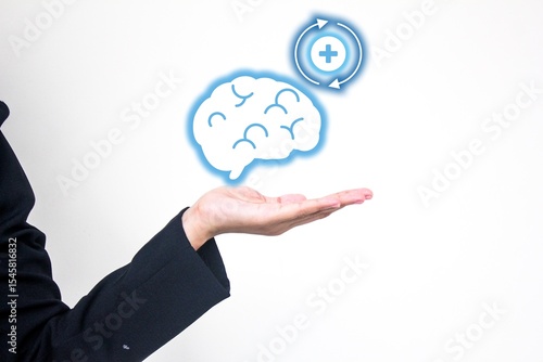 Brain recovery and mental health presentation with hand holding brain icon and healing symbol. Ideal for therapy, psychology, wellness, emotional care, and mental support campaign visuals.