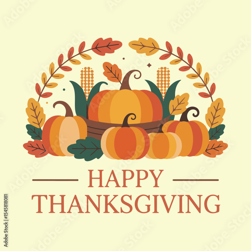 Happy Thanksgiving Cornucopia with Autumn Harvest Fruits and Vegetables

