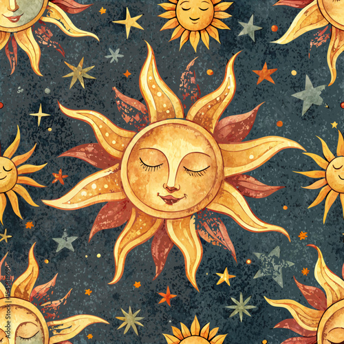 Seamless vector watercolor Slavic sun symbol in warm yellow and orange tones flowing into dark indigo or green background  