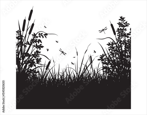 This vector illustration presents a black silhouette of swamp grass with flying insects, particularly dragonflies. The black bushes of lake reeds are illustrated on a white background.