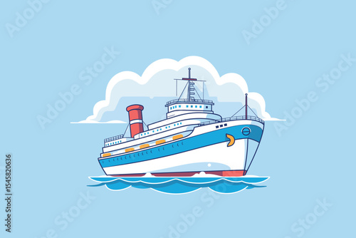 An attractive vector illustration of a cruise ship navigating calm waters under a clear blue sky. The image showcases the ship's lively colors and streamlined design, evoking thoughts of marine travel