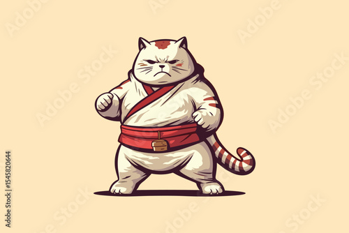 Illustration of a fierce anthro cat practicing martial arts, wearing a traditional outfit with a red belt, emphasizing strength and determination in a cartoon style on a beige background.