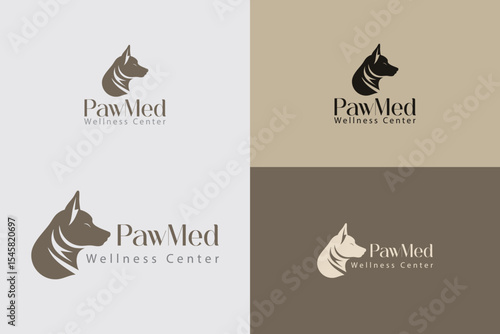 Elegant logo designs for PawMed Wellness Center featuring variations of a dog silhouette. Perfect for branding, veterinary businesses, or organizations emphasizing pet care and wellness.