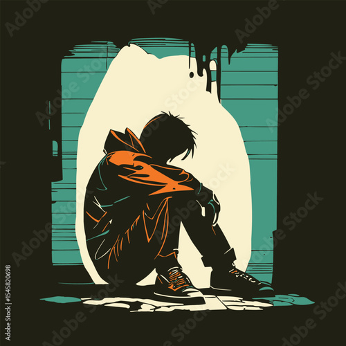 Illustrated silhouette of a solitary individual seated against a dark background, evoking feelings of reflection and introspection in a melancholic, expressive composition.