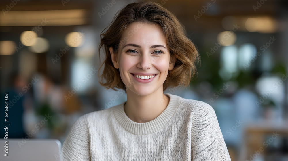 Professional businesswoman smiling at work in bright office Professional businesswoman smiling at work in bright office