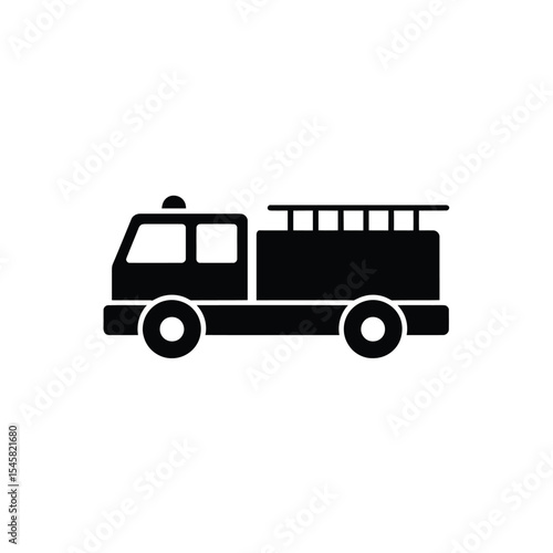 Black Silhouette of Fire Truck with Ladder and Siren on White Background