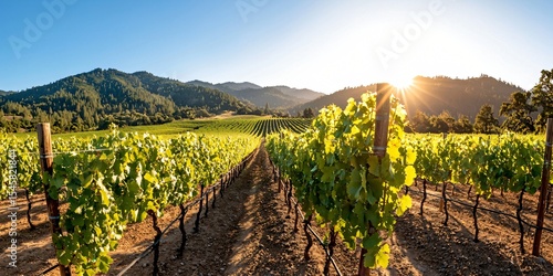 vineyard nestled between two forested hills, vines following natural curves, layers of green fading into blue distance, realistic early morning light casting soft contrast, immersive rural agricultura