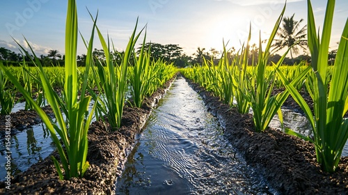 a freshly irrigated sugarcane field, long shadows cast by water channels, dark green tones of leaves contrasting with light brown soil, clear sky with wisps of cloud