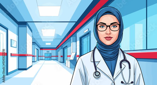 Adobe illustrator artwork vector illustration of a confident female doctor wearing a hijab and glasses with a stethoscope, standing in a clean hospital corridor, symbolizing healthcare and dedication