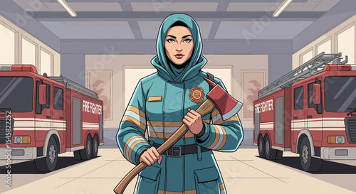 Adobe illustrator artwork vector illustration of a professional female firefighter wearing a hijab and uniform, holding an axe, standing confidently between two fire trucks in a station