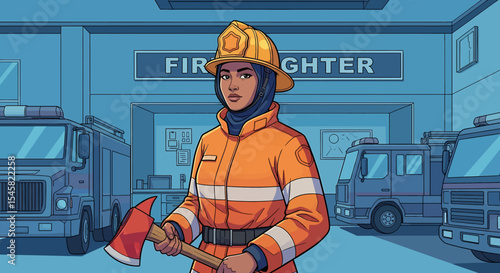 Adobe illustrator artwork vector illustration of a professional female firefighter wearing a hijab and uniform, holding an axe, standing confidently between two fire trucks in a station