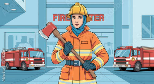Adobe illustrator artwork vector illustration of a professional female firefighter wearing a hijab and uniform, holding an axe, standing confidently between two fire trucks in a station
