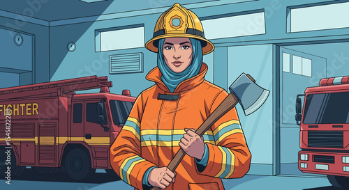 Adobe illustrator artwork vector illustration of a professional female firefighter wearing a hijab and uniform, holding an axe, standing confidently between two fire trucks in a station