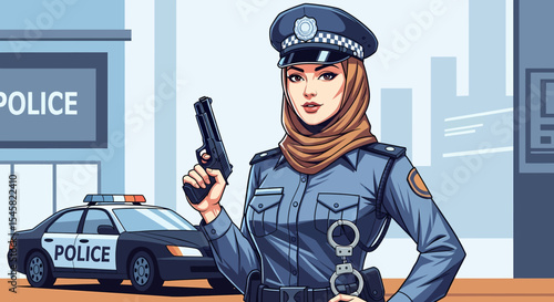 Adobe illustrator artwork vector illustration of a confident female police officer wearing a hijab and uniform, saluting in front of a police station with a patrol car, symbolizing law enforcement