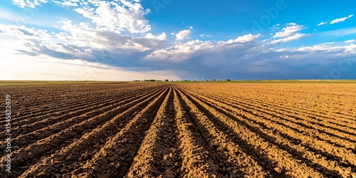 a freshly plowed field under a stormy sky, furrow lines drawing the eye toward a distant tree line on the horizon, deep earth tones, moody atmosphere, high realism with visible soil detail and