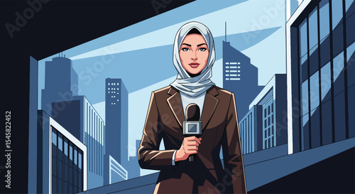 Adobe illustrator artwork vector illustration of a professional female journalist wearing a hijab and suit, holding a microphone against a city backdrop, symbolizing news reporting and media