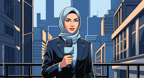 Adobe illustrator artwork vector illustration of a professional female journalist wearing a hijab and suit, holding a microphone against a city backdrop, symbolizing news reporting and media