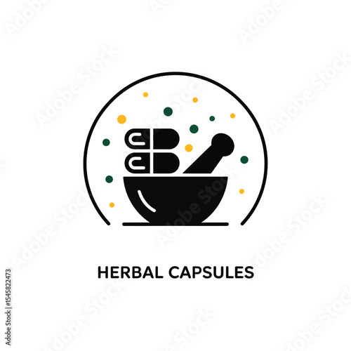 Herbal Capsules in Mortar and Pestle Black Gold Green Icon