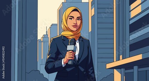 Adobe illustrator artwork vector illustration of a professional female journalist wearing a hijab and suit, holding a microphone against a city backdrop, symbolizing news reporting and media