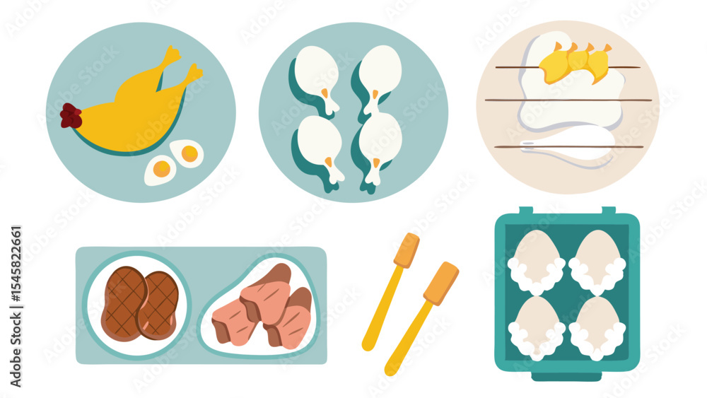 Fresh packaged chicken and eggs collection. Assorted raw poultry parts including drumsticks, breasts, minced meat, and whole legs. Clean eating concept. Isometric vector design.
Fresh packaged chicken and eggs collection. Assorted raw poultry parts including drumsticks, breasts, minced meat, and whole legs. Clean eating concept. Isometric vector design.