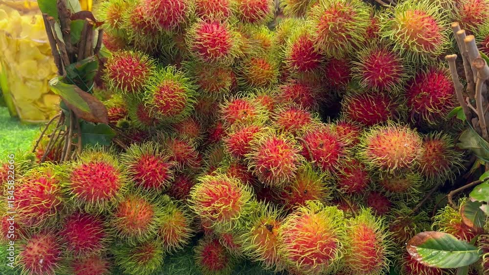 Ready to eat ripe Thai rambutan arranged in bunches. A tropical fruit, sold at fruit markets. Ready to eat ripe Thai rambutan arranged in bunches. A tropical fruit, sold at fruit markets.