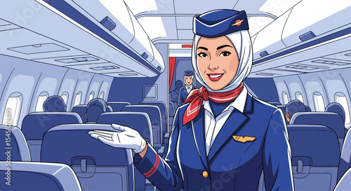 Adobe illustrator artwork vector illustration of a friendly flight attendant wearing a hijab and uniform inside an airplane cabin, ready to assist passengers with a welcoming gesture