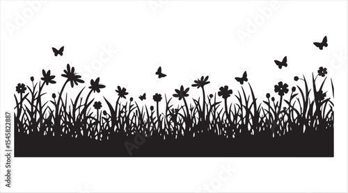A flowerbed featuring flowers and butterflies illustrated in a line art style.
