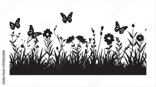 A flowerbed adorned with flowers and butterflies depicted in line art style.

