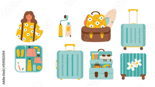 Summer stickers set. Types of baggage for airport collection. Rucksack, suitcase, briefcase and other travel bags, hand luggage and elements. Modern cartoon concept. Vector illustration