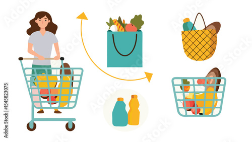 Grocery store essentials collection. Full shopping cart, basket, and paper bag with fresh vegetables, fruits, dairy, bakery, and pantry items. Healthy lifestyle concept. Isometric vector illustration.