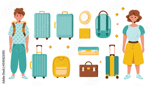 Travel bag sticker collection. Summer luggage types including backpack, suitcase, duffel bag, and hand carry. Cartoon travel accessories set. Vector illustration.