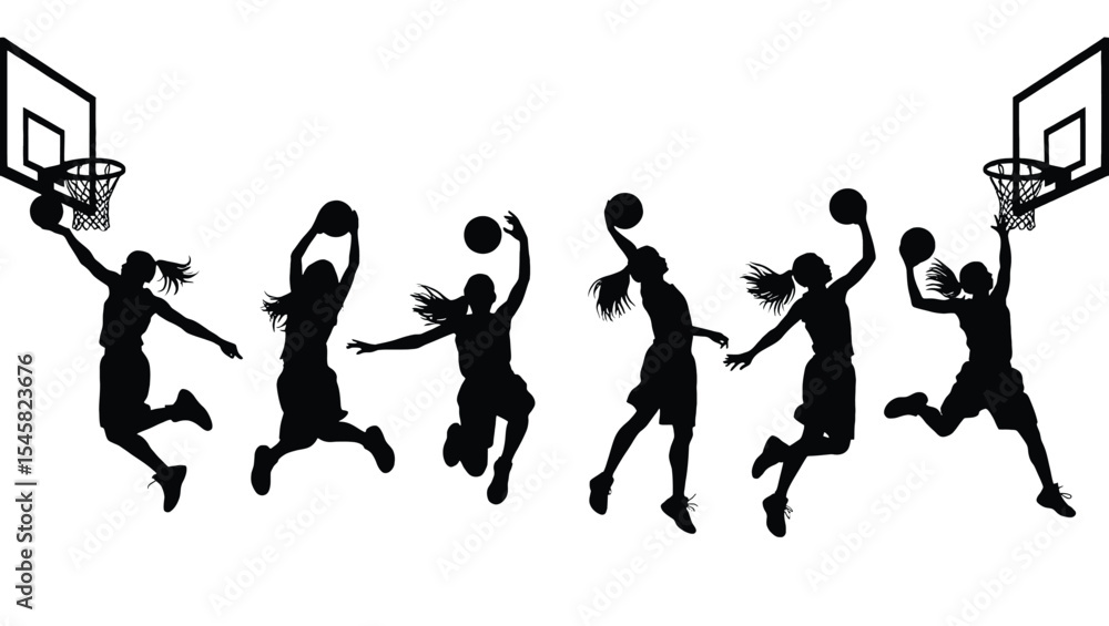 Obraz premium Dynamic Silhouettes of Women Basketball Players in Action A Powerful Collection of Sport Illustrations