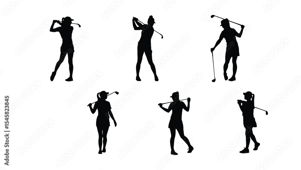 Obraz premium Female Golfer Silhouettes Diverse Golf Swing Poses for Design Projects, Vector Illustrations, and Sport Graphics