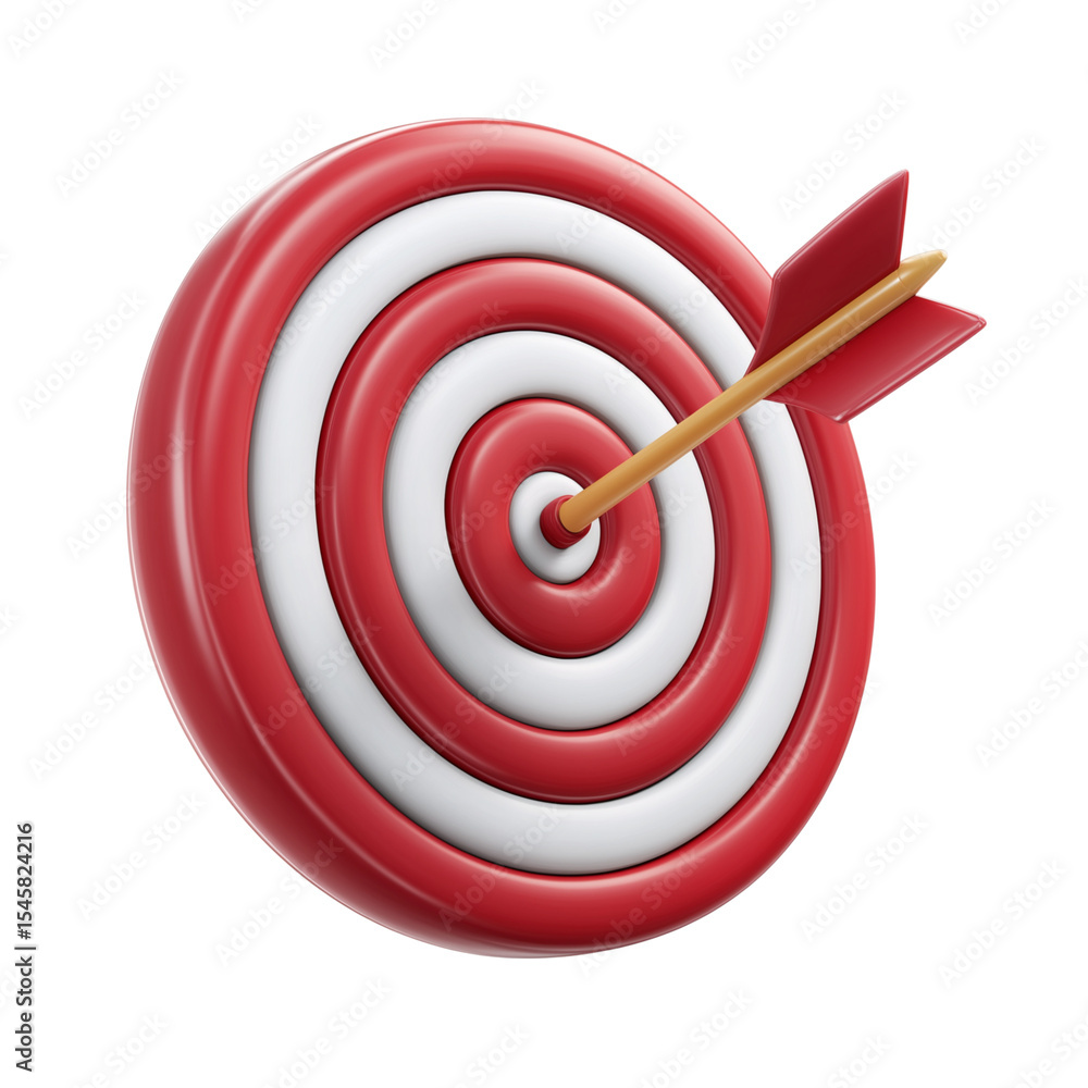 Target arrow success icon. Dart arrow on target dartboard. 3d isolated on white background. Cartoon plastic style Target arrow success icon. Dart arrow on target dartboard. 3d isolated on white background. Cartoon plastic style