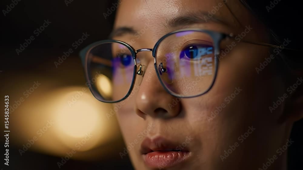 Focused woman with glasses reflecting code in dark workspace Focused woman with glasses reflecting code in dark workspace